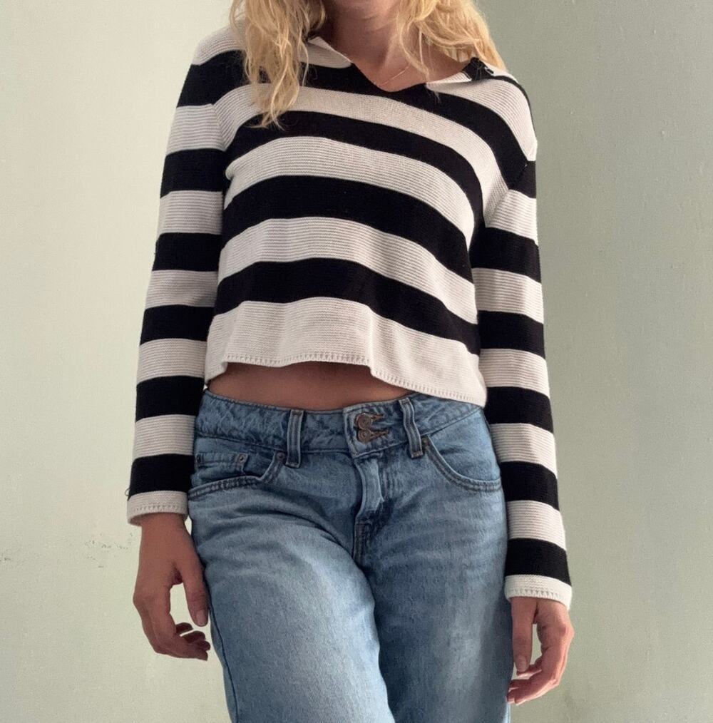 Moon & Madison Collared Striped Sweater Black White Size Medium